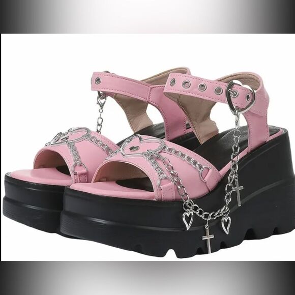 Pink and Black Platform Sandals with Floral Straps - Picture 10 of 10